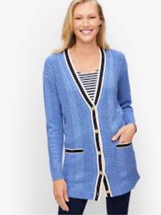 Talbots Sweaters - Talbots Light Blue V-Neck Button Cardigan with Black & Ivory Trim
